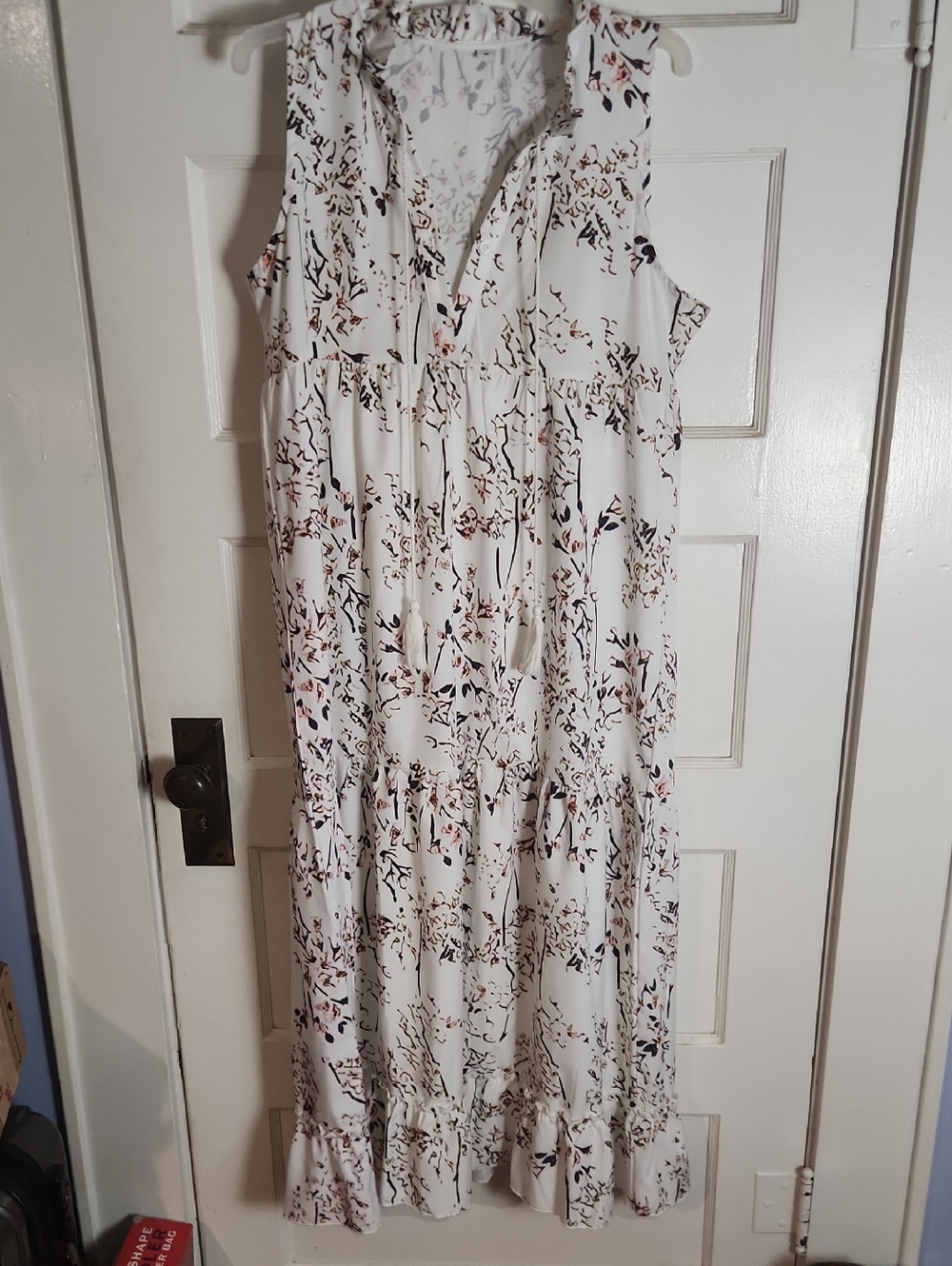 White Floral Tiered Maxi Dress with Ruffled Neckline